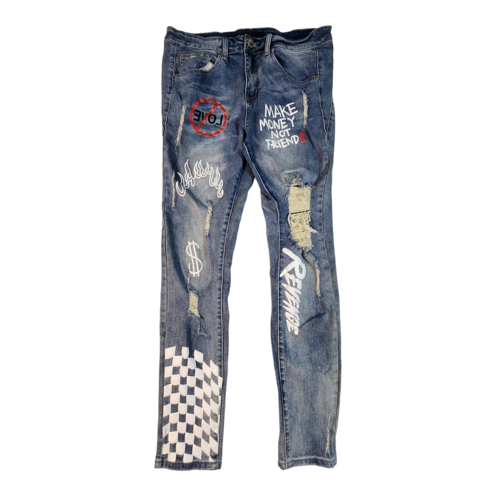 THRT Jeans Mens 36 Blue‎ Denim Make Money Not Friend Revenge Graffiti Streetwear